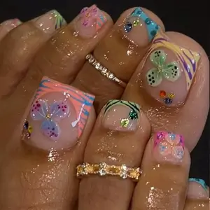 24pcs Summer Toe Nails, Tropical Flower Sparkly Rhinestone French Edge Press-On Pedicure, Short Nail Art for Beach, Travel, Pool, Party