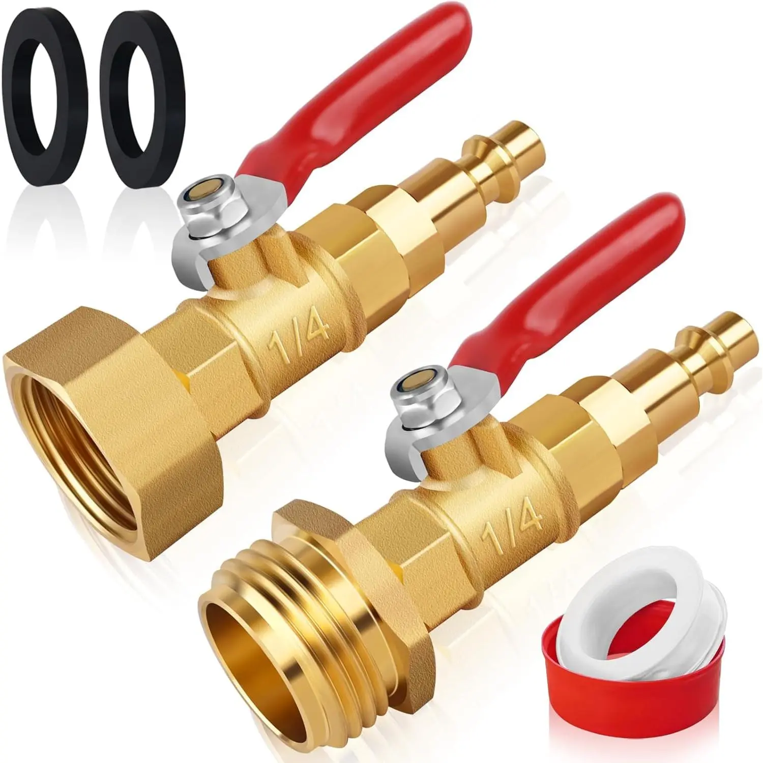 Brass Gold-2pcs Male+Female RV Winterize Blowout Adapter Kit with Shut-Off Valve, Industrial Heavy Duty Metal Fitting for RV Owners, Compressor Sprinkler Plugs, Garden Faucet Plumbing Hose Attachment Tap Parts
