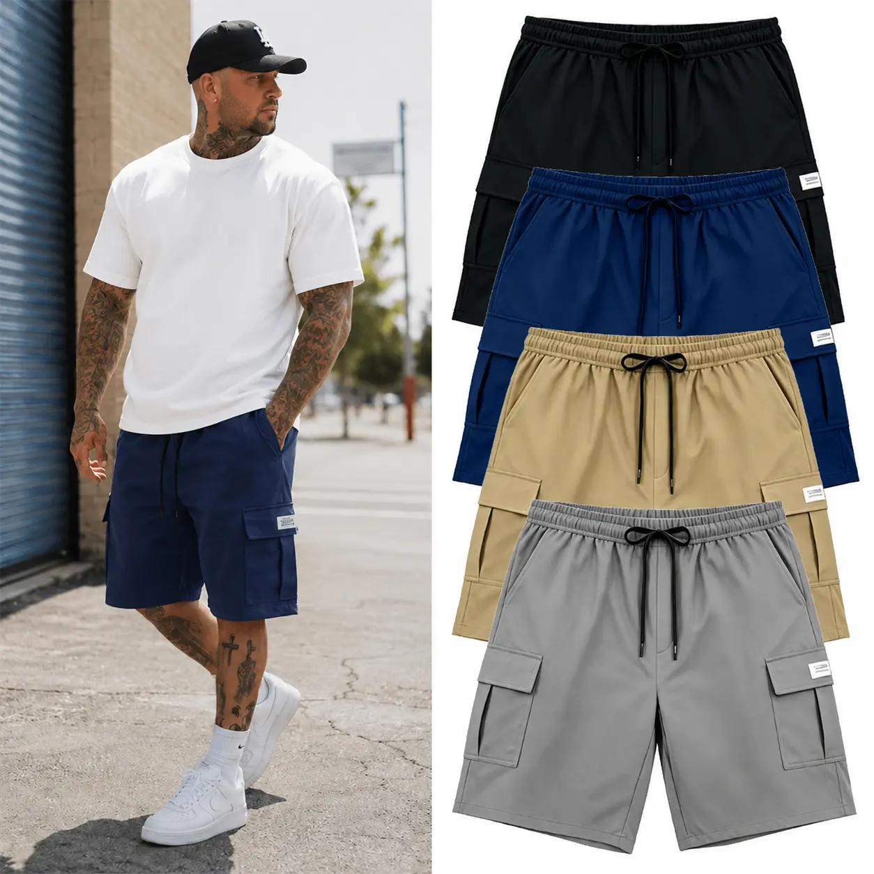 Men's  Set Men's Shorts Summer Essentials, 4 Aesthetic Colors, Multipocket Half Length Cargo Shorts with Side & Back Pockets, Plain Street Style Versatile Casual Everyday Menswear, Father's Day Gift, Multipocket Men's Shorts