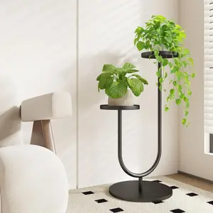 Bamworld 2-Pot Black Modern U-Shaped Metal Plant Stand - Indoor Tall Corner Stand, Living Room Decor, Sleek Minimalist Design, Sunlight-Friendly, Quick Easy Assembly
