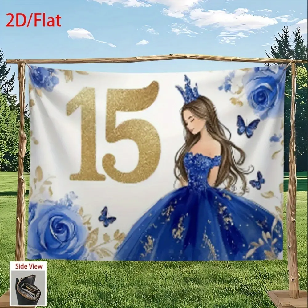 15th Birthday Wishing Banner - Polyester White Arch Backdrop, Elegant Princess Blue Roses, Butterfly Accents, Textile Milestone Celebration Decor