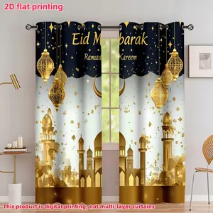 2D Flat 2Pcs Ramadan Decor Curtains, Eid Mubarak & Rama Kareem Design, Gold Lantern Mosque Print, Semi-Shade Window Drapes for Living Room Bedroom, Festive Home Decoration, Accessory, Anti Privacy.