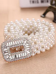Mother's Day Gift Women's Elegant Faux Pearl Decor Belt, Trendy Exquisite Rhinestone Decor Adjustable Elastic Belt Fashion Luxury Accessories for Party, Daily Clothing Decor, Rhinestone Decorated