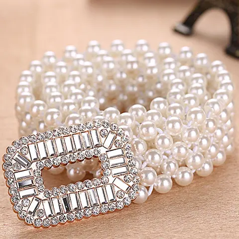 Mother's Day Gift Women's Elegant Faux Pearl Decor Belt, Trendy Exquisite Rhinestone Decor Adjustable Elastic Waist Tie Belt Fashion Luxury Accessories for Party, Daily Clothing Decor, Rhinestone Decorated, Rhinestones Belt Decorative Belt