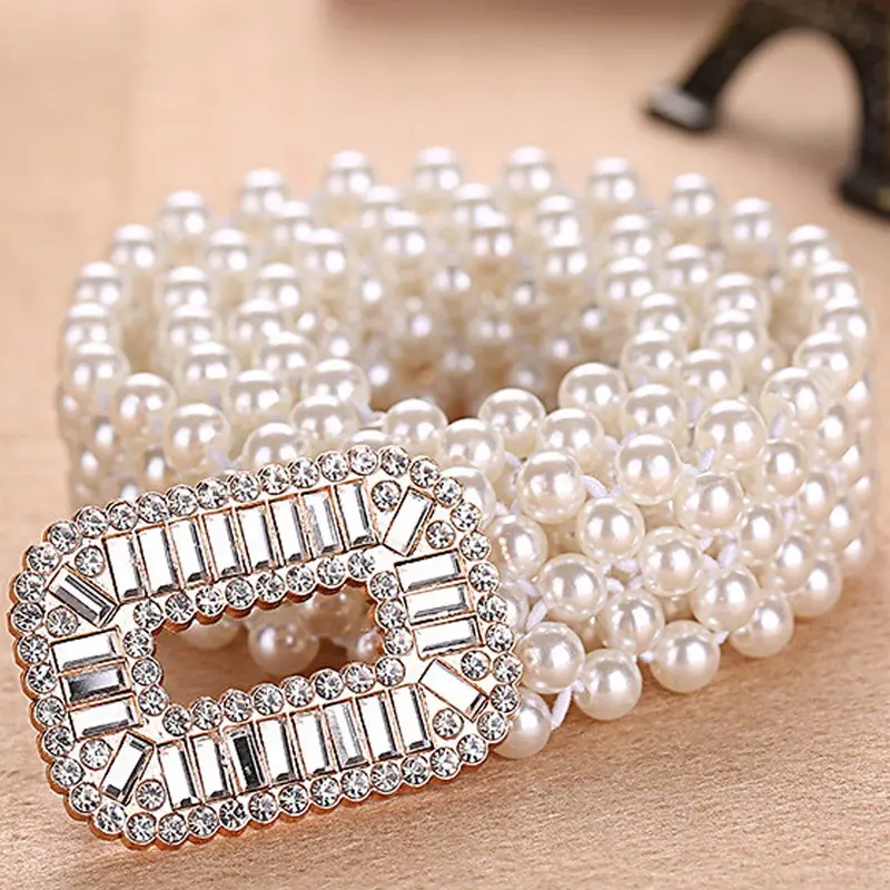 Mother's Day Gift Women's Elegant Faux Pearl Decor Belt, Trendy Exquisite Rhinestone Decor Adjustable Elastic Waist Tie Belt Fashion Luxury Accessories for Party, Daily Clothing Decor, Rhinestone Decorated, Rhinestones Belt Decorative Belt