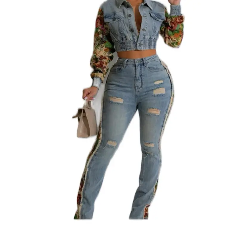 Flower Denim Jacket and Jeans Set - Women's Top and Pants Set with Floral Design and Distressed Detailing - Womenswear