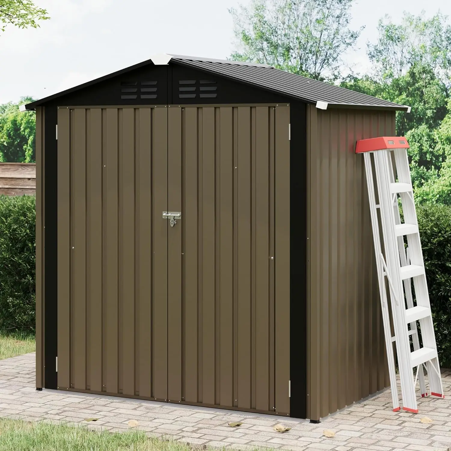 6*4FT Heavy Duty Metal Outdoor Storage Shed, Weatherproof Rust Resistant Steel Structure, Double Lockable Doors, Sloped Gable Roof with Ventilation, Spacious Organizer for Backyard Patio Tools and Bikes