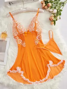 Women's Plain Contrast Lace Bow Cami Nightdress with Adjustable Spaghetti Strap, Soft and Comfortable Sleepwear for Valentine's Day