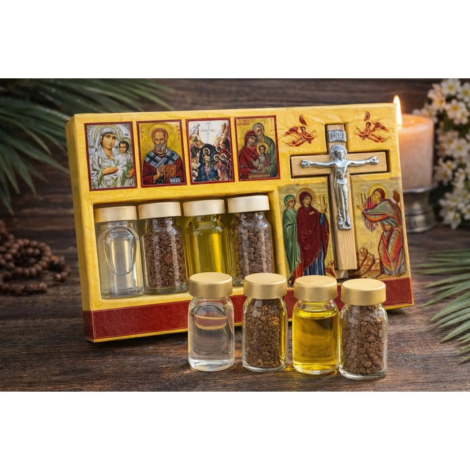 Holy Land Baptism Blessing Set – Jordan River Holy Water, Oil, Earth & Incense with Cross
