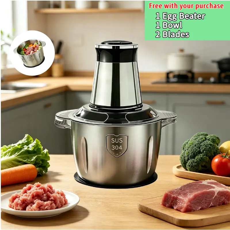 350W Stainless Steel Electric Meat Grinder & Food Processor with 3 Speeds, 101.44oz Capacity, Double Blade Design for Chopping, Mincing, and Slicing – Compact & Easy to Clean