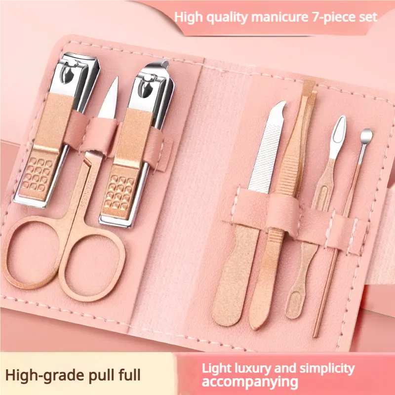 Portable set of nail clippers and beauty tools, 7-piece rose gold stainless steel nail kit, suitable for home, workplace, outdoor travel, and men's and women's nail repairs