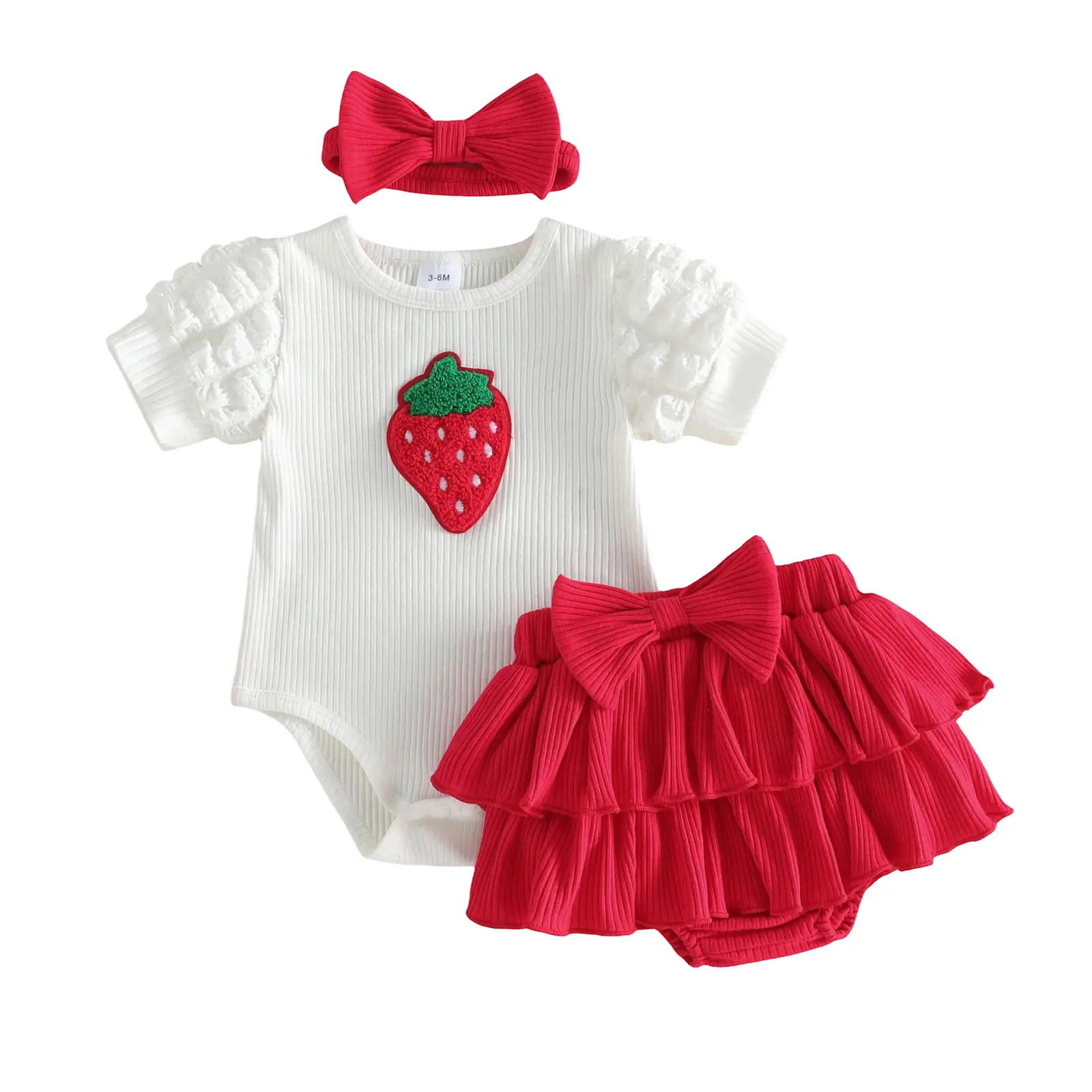 [Lullaby] Baby Girls Shorts Set, Short Sleeve Embroidery Strawberry Romper Elastic Waist Shorts with Hairband Summer Outfit