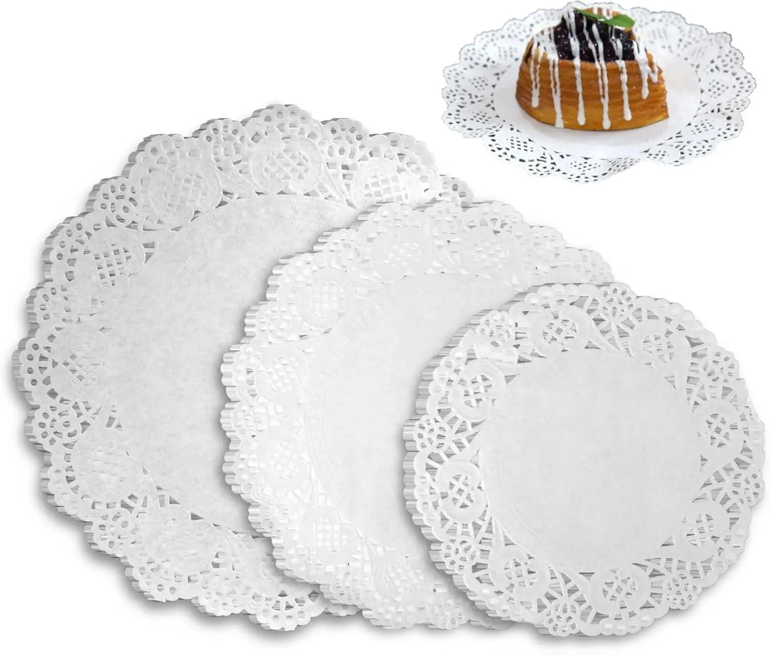 150-Count Durable Geometric White Paper Lace Doilies - Assorted 6.5-8.5-10.5in BPA-Free Heat-Resistant Non-Skid Household Placemats & Coasters for Decorating Cakes,Desserts - Home Decor Kitchen Tableware