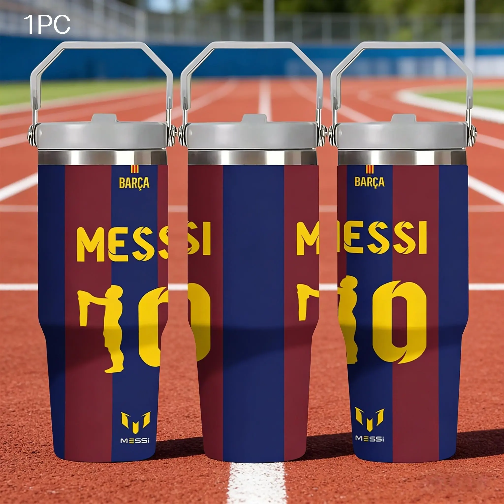 1pc 30oz Stainless Steel Insulated Mug, Travel Tumbler - A must-have for Barcelona fans, Large capacity with Messi red and blue stripes, featuring a handle and straw. Suitable for outdoor, indoor use. A perfect gift for football fans