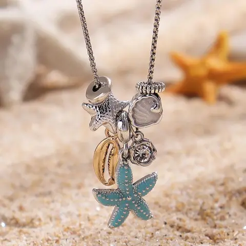 Women's Elegant Starfish & Shell & Mermaid Design Pendant Necklace, Fashion Pendant Necklace, Exquisite Trendy Pendant Necklace, Chic Jewelry As Gift for Girlfriend, Charms Necklace, Dangling Charms Necklace, Chain Necklace, Elegant Rhinestone Necklace