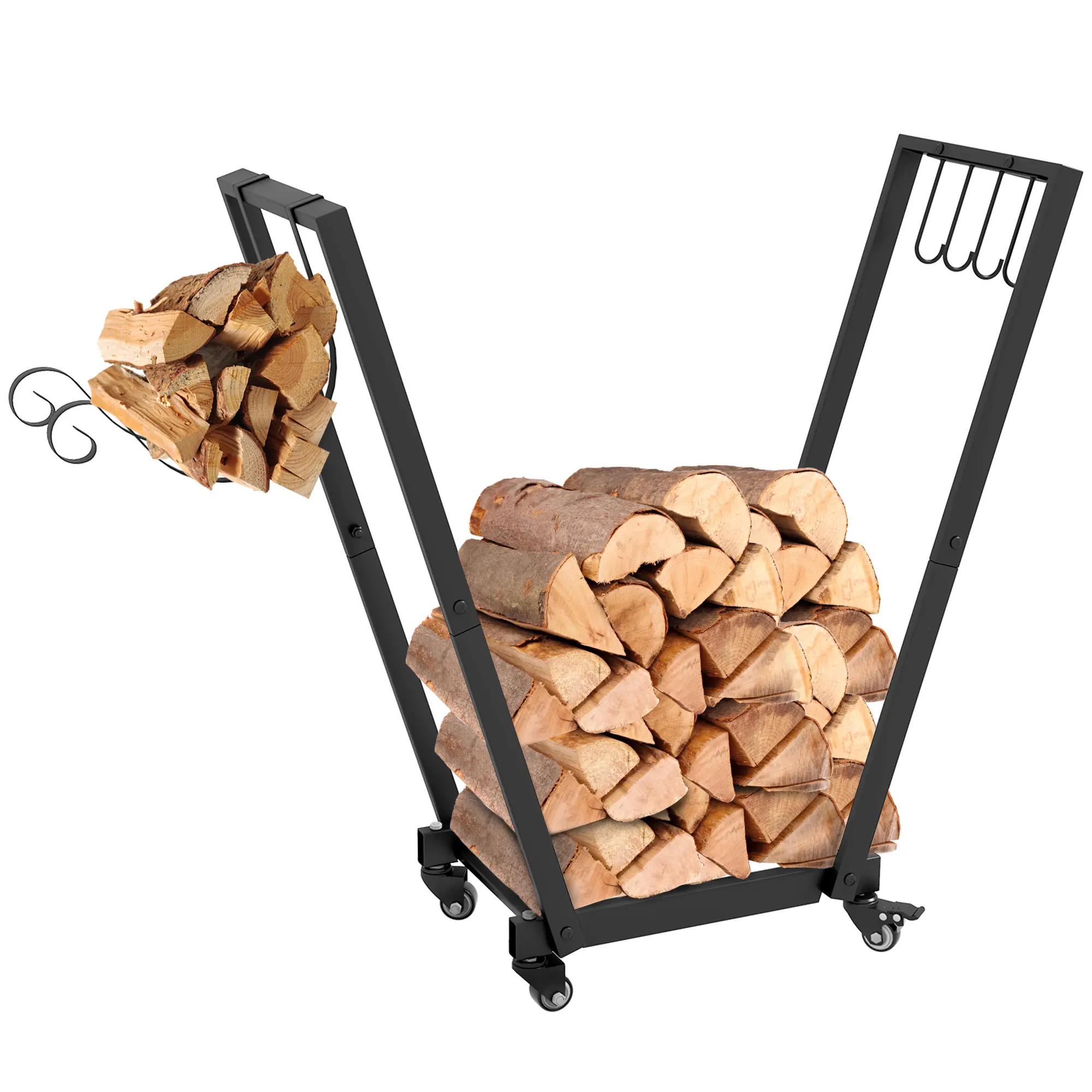 Outsunny 31 Inch Firewood Rack Outdoor Indoor Wood Storage with Swivel Casters, Metal Firewood Holder with Kindling and Tool Hooks, Heavy Duty Log Organizer for Fireplace, Black