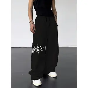 Y2K dark gothic print loose slimming men's and women's lace up sports pants wide leg sweatpants