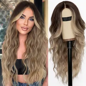 Ombre Dirty Blonde Wig for Women, Ombre Wigs, Fashion Wig, Long Wavy Lace Hairline Middle Part Synthetic Wig, Perfect for Daily & Party Use, 26 Inches, Natural Looking Wig