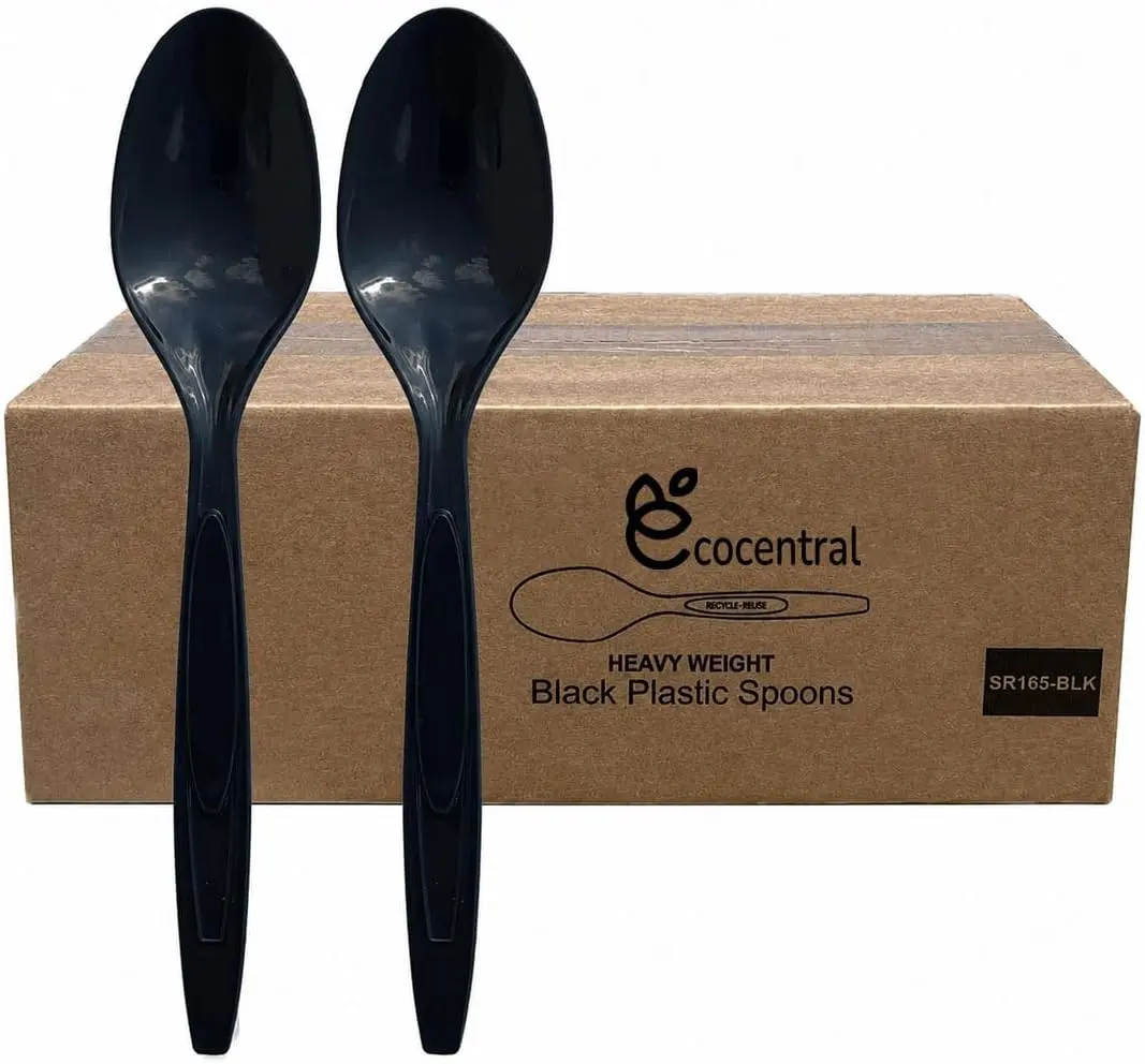 Disposable Plastic Spoons, Black, Heavy Weight, BPA Free, Heat Resistant, Made from Recycled Plastics, 100% Recyclable