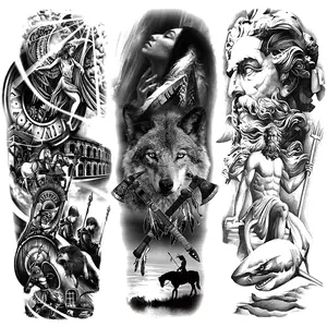 Waterproof Temporary Tattoo Stickers, Realistic Wolf Ship Skull Design, Full Arm Sleeve Fake Tattoos, Long-Lasting Low Allergy Body Art Decorations