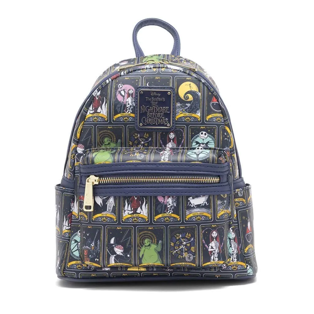 Loungefly Disney Nightmare Before Christmas Tarot Card Faux Leather Mini Backpack, Goth Aesthetic Bag for Campus Life, Whats in My Bag, Back to School Haul, First Day School GRWM, Tarot-Style Halloween Fun, Wipe-Clean For Quick Care, Adjustable Shoulder S