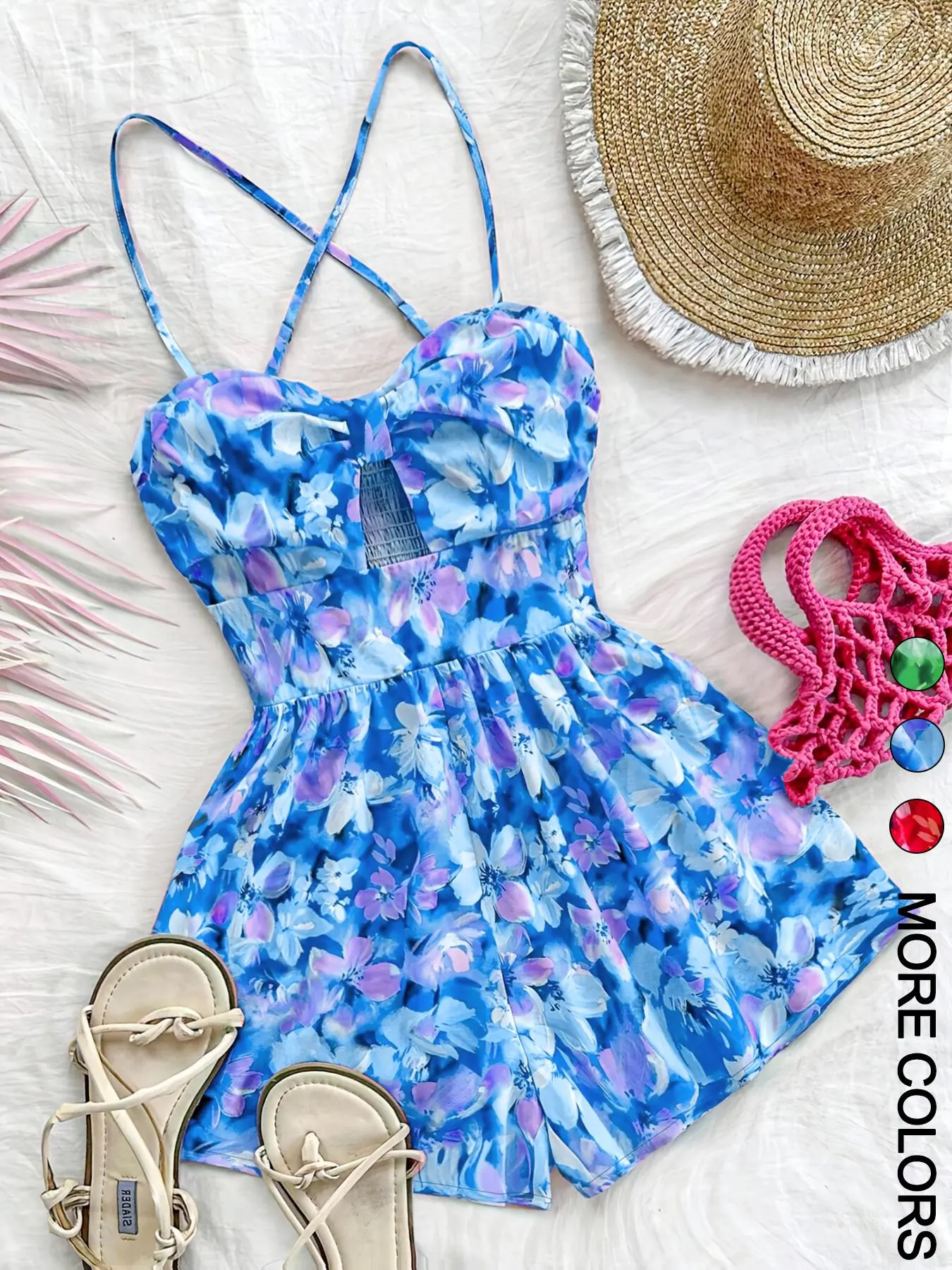 Floral print, Tropical, cutout, cross-strap Woven jumpsuit, Romper, near the beach, Summer, Casual, Aesthetic, Fit