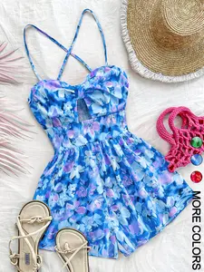 Floral print, Tropical, cutout, cross-strap Woven jumpsuit, Romper, near the beach, Summer