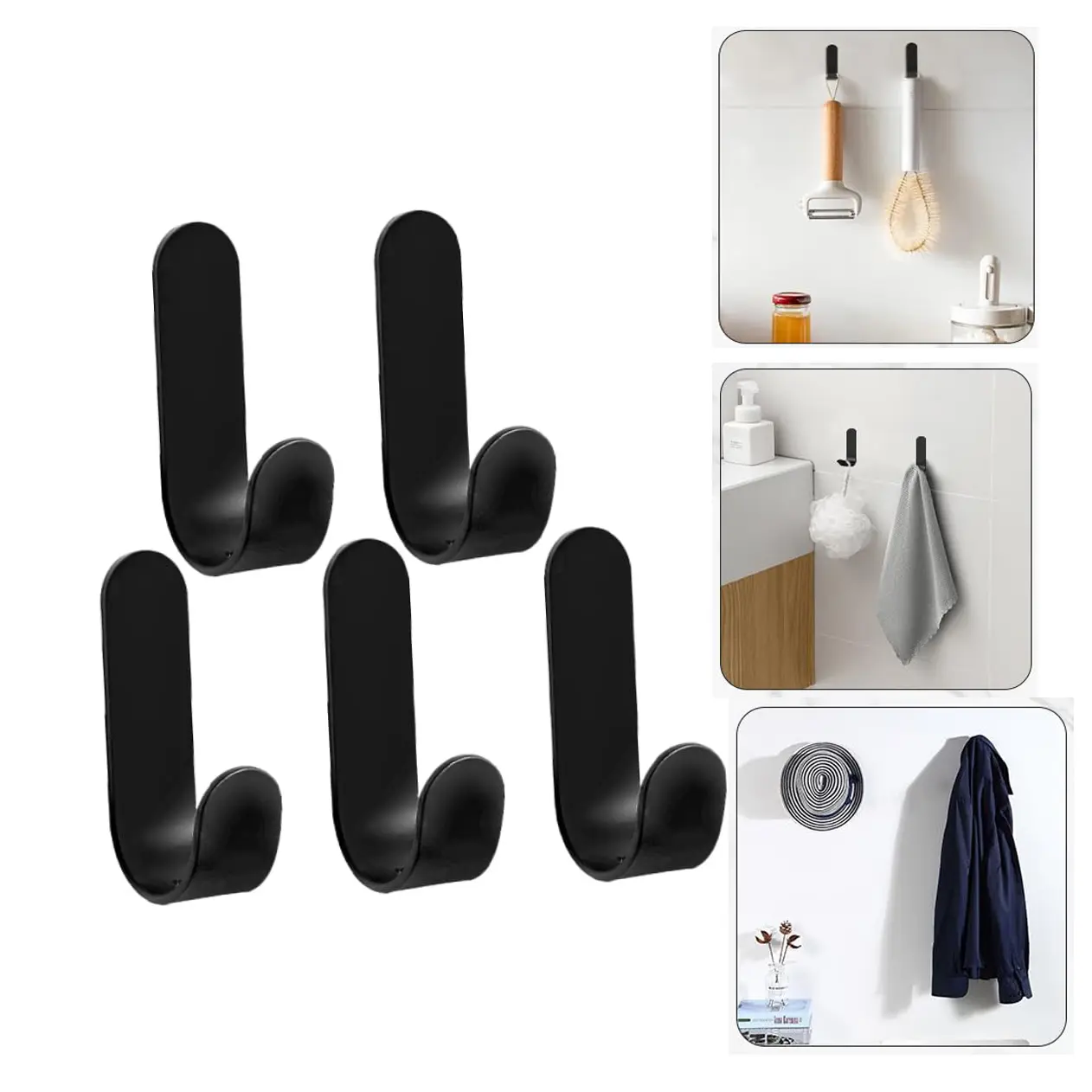 Mulaibdin 5PCS Contemporary Carbon Grey Adhesive Metal Heavy-Duty J-Shaped Hooks, No-Damage Sticky Wall Hooks for Home Decor Household Items Kitchen Household Products (Towel, Hat, Coat, Key)