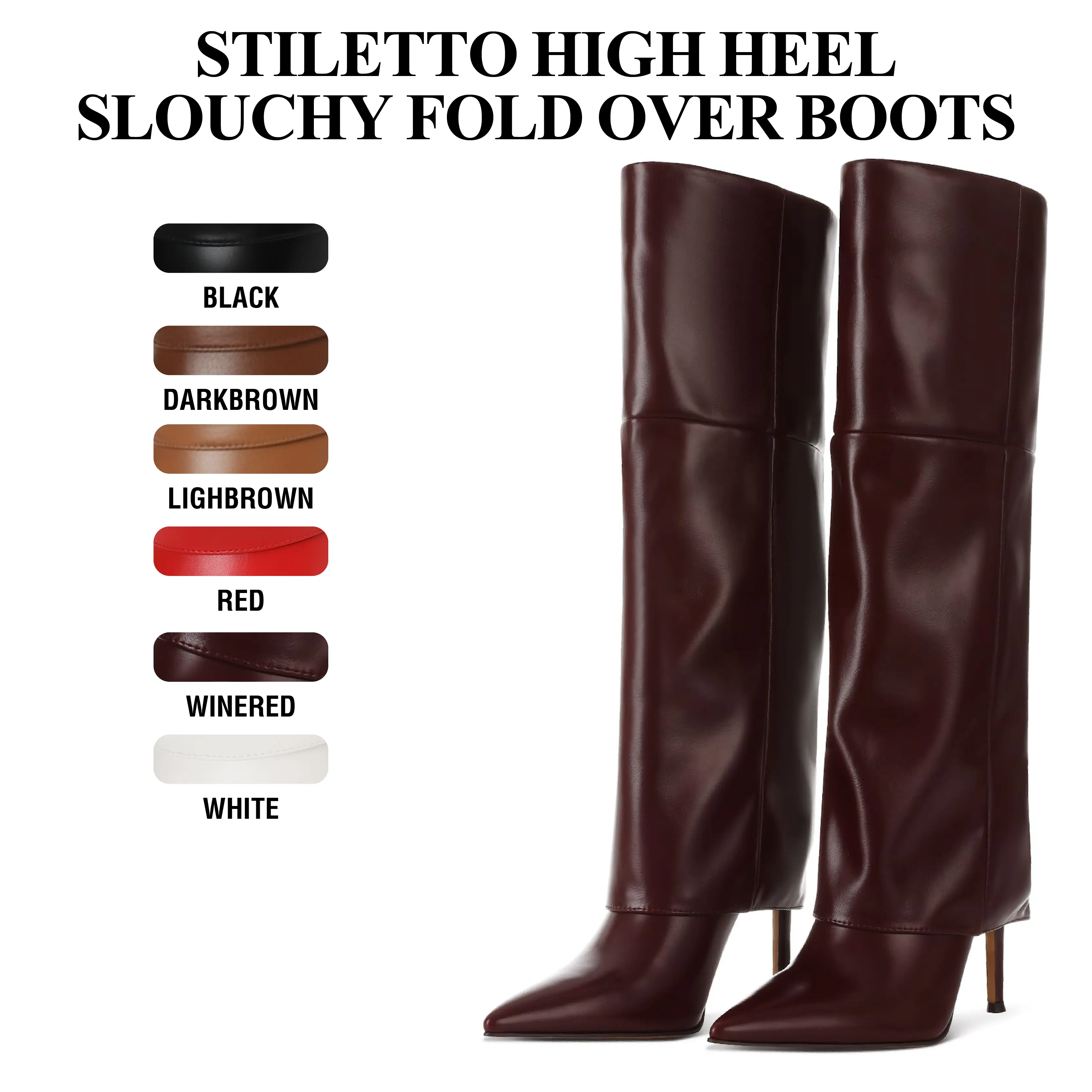 CYNLLIO Knee High Boots for Women Pointed Toe Stiletto High Heel Slouchy Fold Over Elegant Tall Boots Pull on Comfy Wide Calf Concert Party Outdoor Dress Fashionable Summer Fall Shoes
