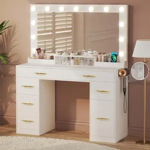 【Summergarden】Makeup Vanity Desk with Lights, Vanity Desk with Large Mirror, White Vanity with Outlets Large Drawers & Storage, 3 Lighting Color Adjustable, Bedroom Dressing Table