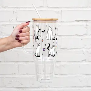 Ghost Cats Halloween Glass Tumbler with Lid and Plastic and Glass Straws
