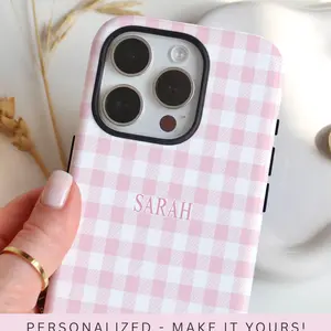Custom Name Gingham Phone Case, Plaid Frosted Phone Case, Personalized Plaid Minimalist Cover, Aesthetic Phone Cover Gift for Her, Phone Case with Name