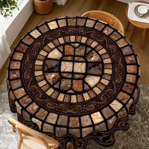 EastJia Made in USA Tablecloth - Vintage Faux Stone Mosaic, Brown Beige Tile Scroll Design, Reusable Washable Polyester, Rectangle/Round/Oval Sizes for Traditional Rustic Home Dining Decor