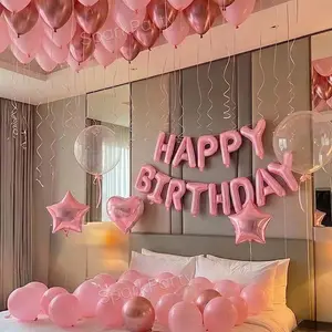 49pcs Birthday Party Balloons Set, Happy Birthday, Dreamy Princess Theme Decor, Heart & Star Foil Balloons, Romantic Atmosphere Props, Heart Shaped Balloons, Party Balloons Decorations