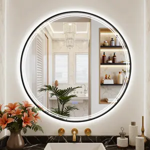 31.5 - inch black round metal - framed lighted bathroom vanity mirror with LED lights, anti - fog, dimmable, back - lit and front - lit.