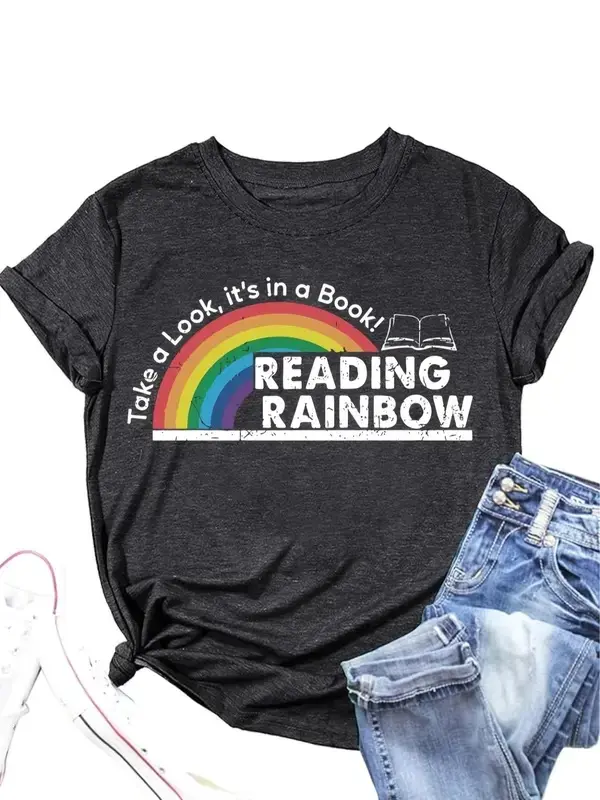 Reading Rainbow Shirt, Book Lovers Shirt, Reading Shirt, Women's Rainbow & Letter Print Round Neck Tee, Casual Short Sleeve T-shirt for Daily Wear