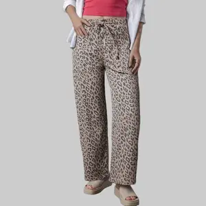 Women's Mid-Waist Khaki & Blue Leopard Print Loose Wide-Leg Jeans - Drawstring Elastic Waistband, Pocketed Bottoms, Casual Cold-Wash Women's Pants, Bottom
