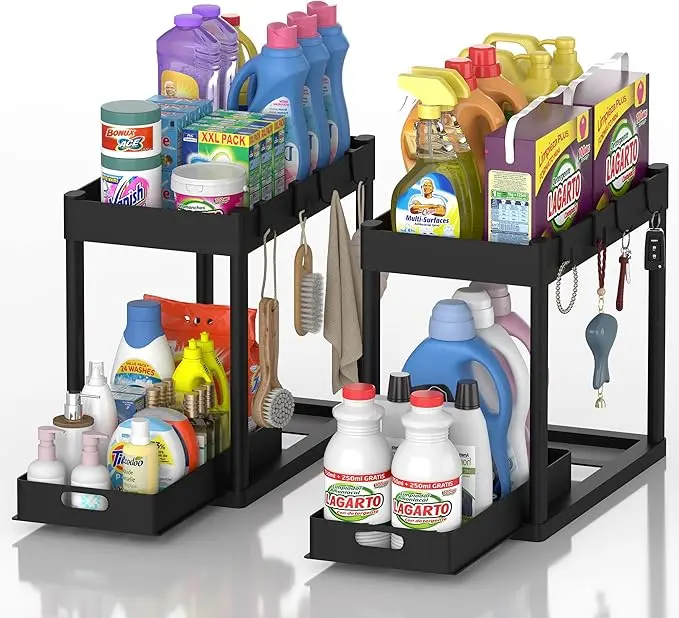 2 Pack Under Sink Organizer and Storage Pull Out Cabinet 2 Tier Sliding Drawer Kitchen Cabinet Organizer Sturdy Bathroom Storage, Black