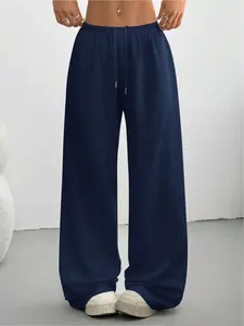 Women's Casual Fashion Elastic Waist Straight Leg Pants, Comfortable Loose Fit Long Trousers, Simple Solid Color Women's Clothing
