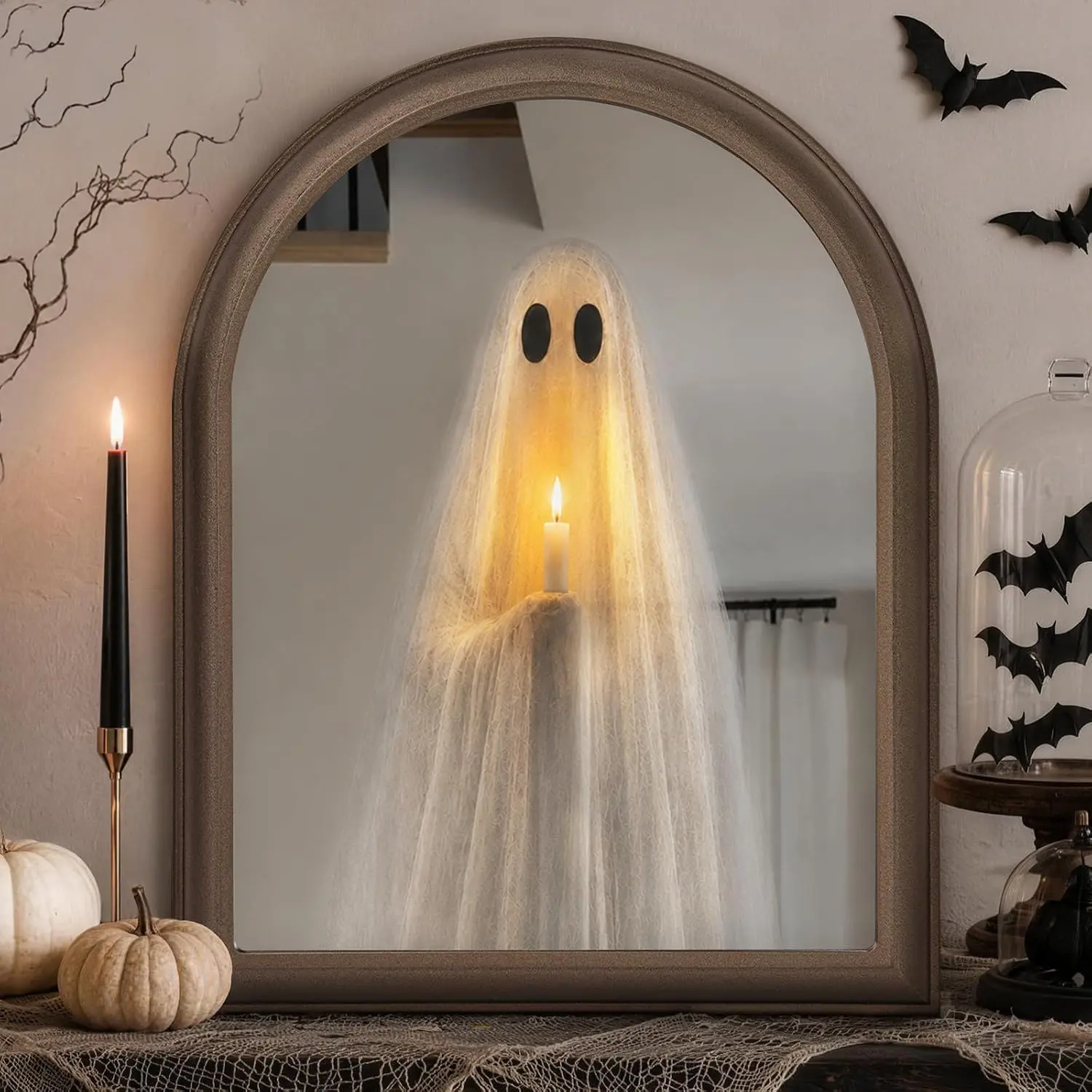 Halloween Decor - 11" x 13.8" Light Up Ghost Mirror | Spooky Halloween Decorations Indoor, Wall Table Mantel Display, Home Party Decor