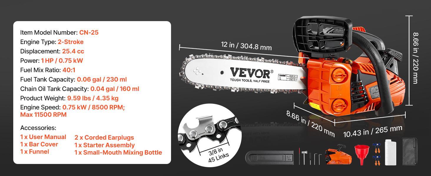【BackToSchool】VEVOR Gas Powered Chainsaw, 12 in 25.4CC 1HP 2-Stroke Engine with Chains, Throttle-Sync Choke, Non-Slip Handle & Dual Tanks, for Wood Cutting & Tree Trimming 【BackToSchool】VEVOR Gas Powered Chainsaw, 12 in 25.4CC 1HP 2-Stroke Engine with Chains, Throttle-Sync Choke, Non-Slip Handle & Dual Tanks, for Wood Cutting & Tree Trimming