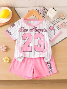 Summer Girls 2-Piece Set with 23 Print Round Neck T-Shirt and Beach Shorts, Comfortable and Cute Toddler for Playtime