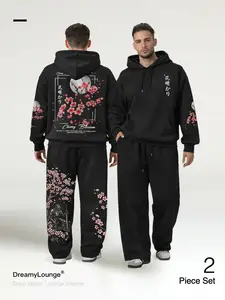 Japanese Cherry Blossom Print 「2-Piece Set」, Loose Hooded Sweatshirt + Sporty Wide-Leg Pants, Casual Home Wear for Daily Use