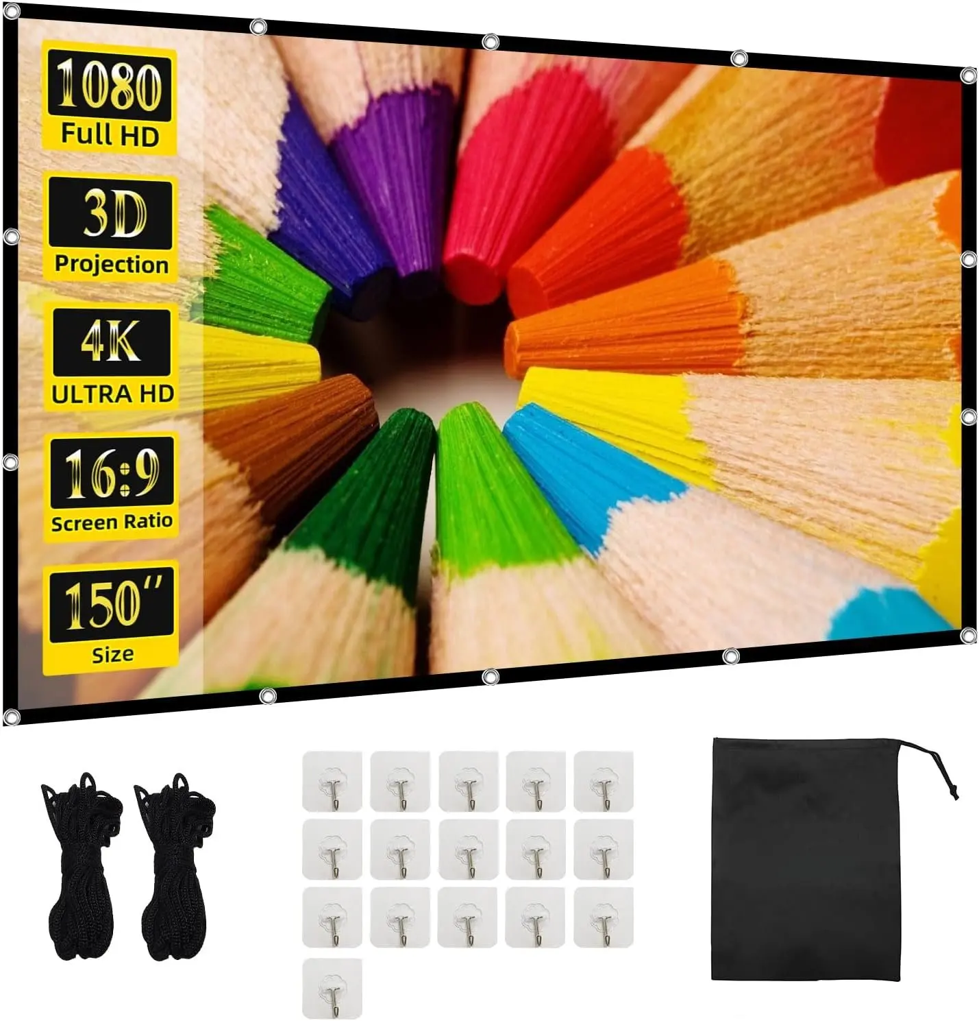 Projector Screen  150 inch Projection Screen Indoor Outdoor Washable Anti-Crease 16:9  Rear Front Movies Screen for  Theater Office