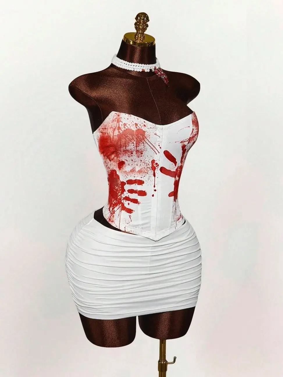 Women's Corpse Bride Halloween Costume Set, White Red Bandeau Top & Waist Cincher, Gothic Club Outfit