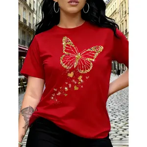 Women's 100% Pure Cotton Smooth Basic Oversized Butterfly Printed Shortleeve Tee Top - Casual Round Neck, Multi-Color Options, All-Season Fit