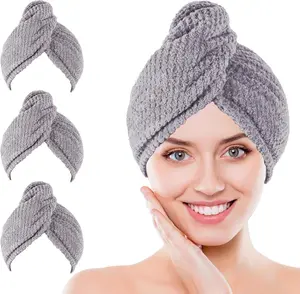 Microfiber Hair Towel Wrap - 3 Pack in Gray with Soft Hair Drying Towel, Curly Hair Turban Towel Set & Shower Cap for Women