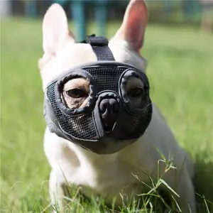Short Snout Dog Muzzle- Adjustable Breathable Mesh Bulldog Muzzle for Biting Chewing Barking Training Grooming Dog Mask,Grey(Eyehole) M