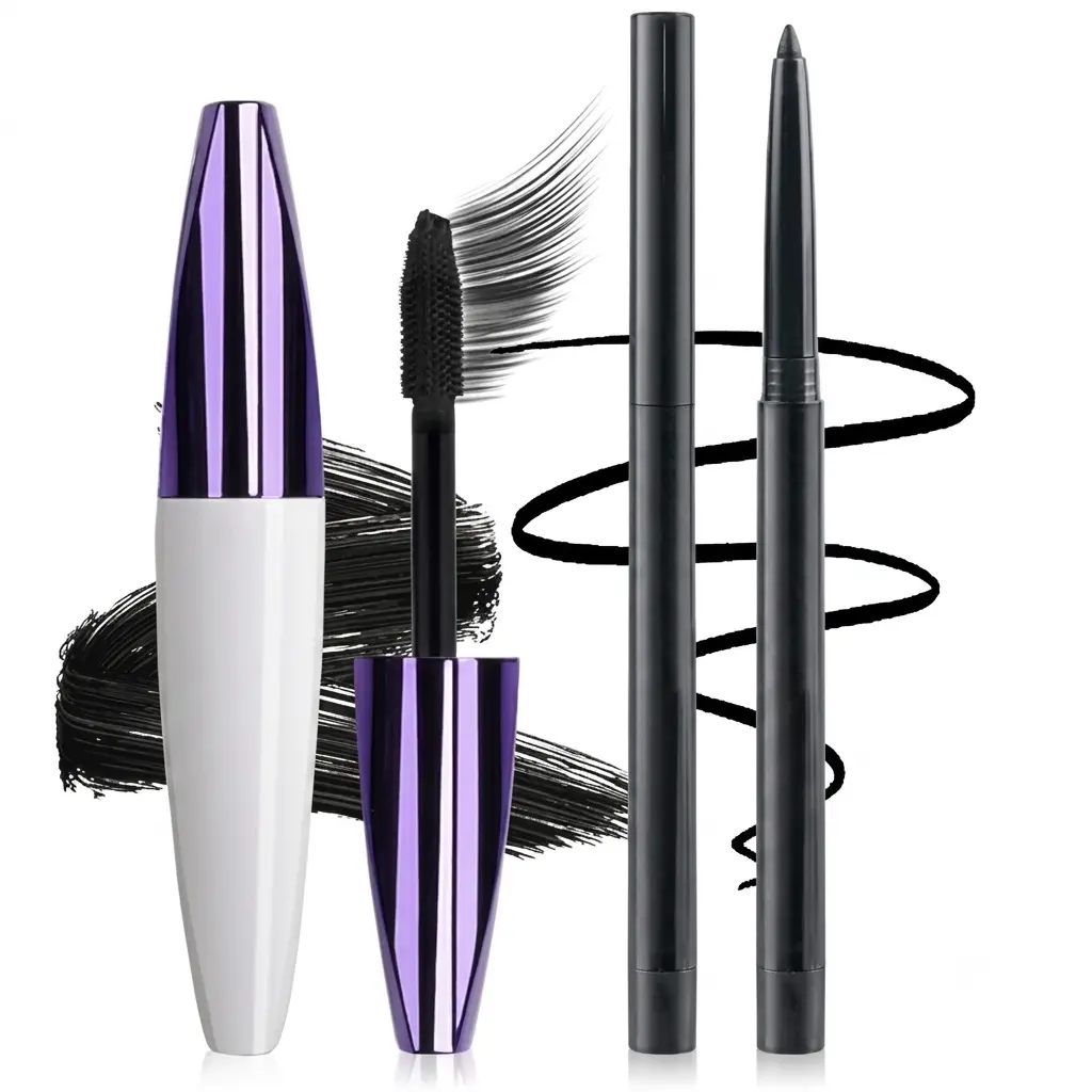 Black Mascara & Eyeliner Set, Waterproof 5D Volumizing Mascara, Lengthening Curling Lash Mascara, Smudge-Proof Liquid Eyeliner, Natural Long-Lasting Eye Makeup for Women, Black