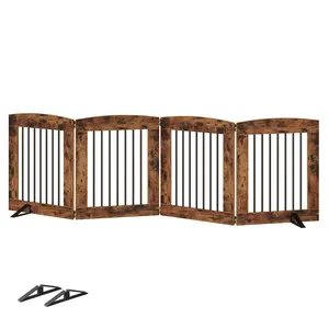 HOOBRO Indoor Pet Dog Gate with Support Feet, 360° Hinge for Easy Access, 24 Inch 4 Panels, Freestanding Pet Gate for Doorway, Stairs, Folding Dog Fence, Sturdy Iron Pipe, Rustic Brown #SummerVibes